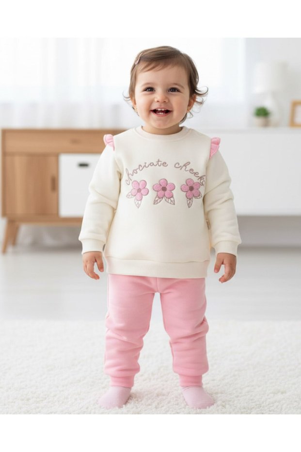 Baby Girl Daisy Embroidered, Ruffled, 3 Thread Fleece-Lined Winter 6-9-12-18-24 Months Stylish Tracksuit Set