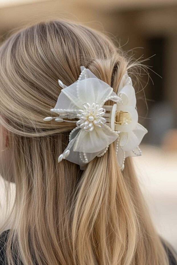 Cream Color Ribbon Figured Pearl Detailed Latch Buckle