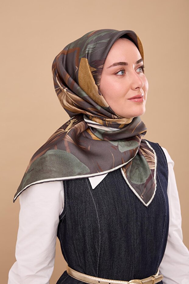 Green Coffee Flower Pattern Tivil Woven Pure Silk Scarf-Kvs0894