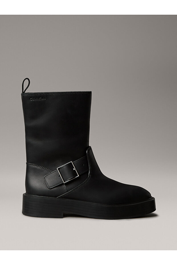 Leather Stacked Heel Biker Boots - 1