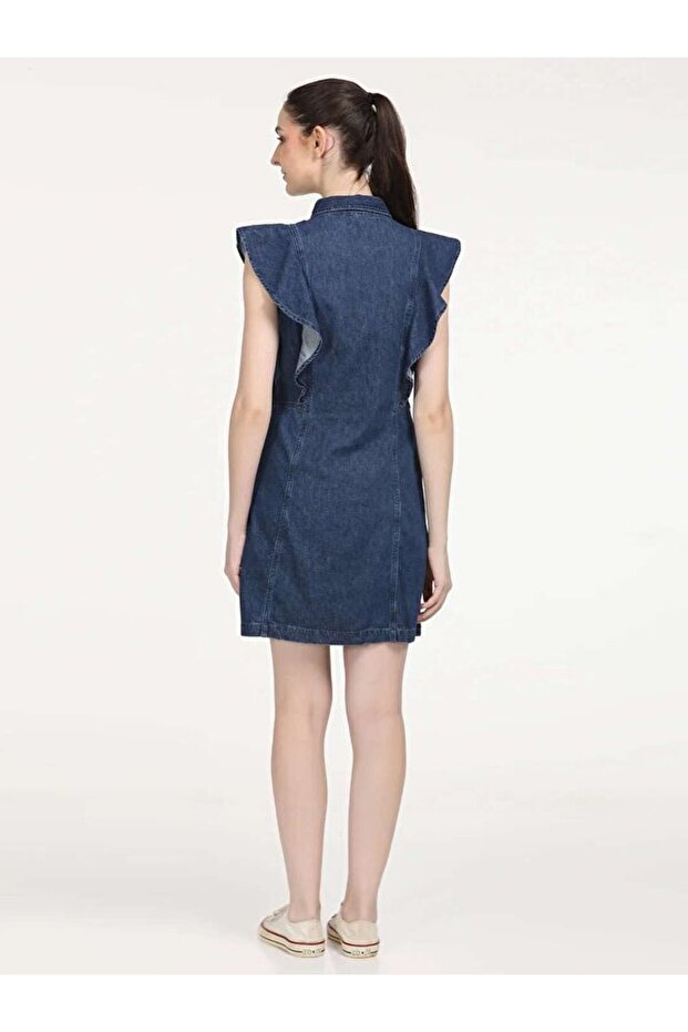 Solid Blue Spread Collar Kadın Denim Elbise - 3