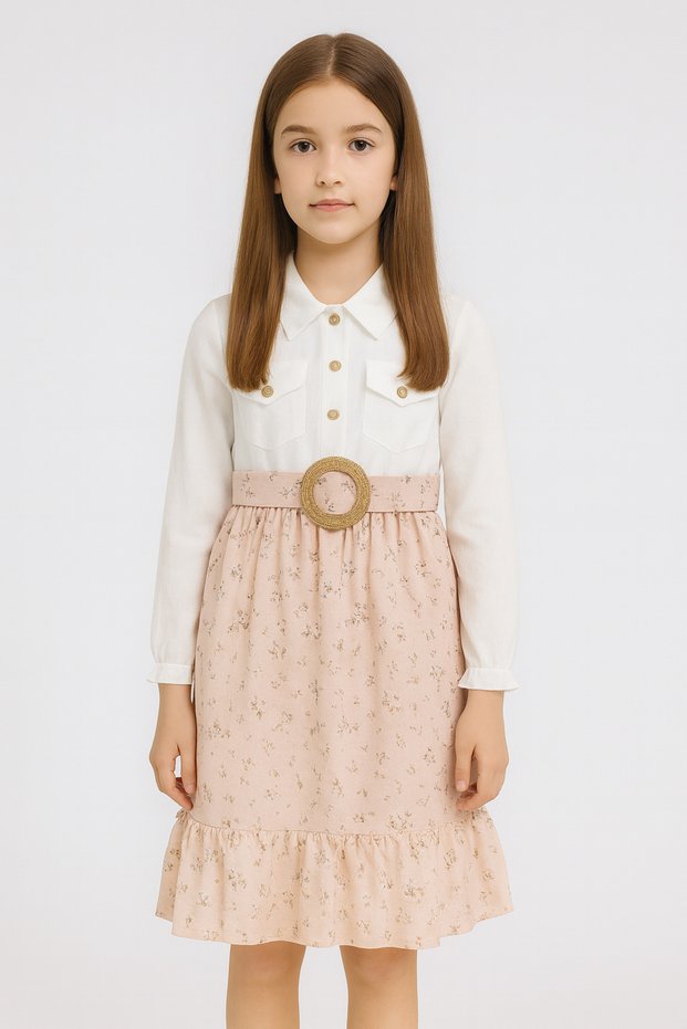 Blue 700-11-25 Girl's Shirt Detailed Floral Belted Dress Age 9/12