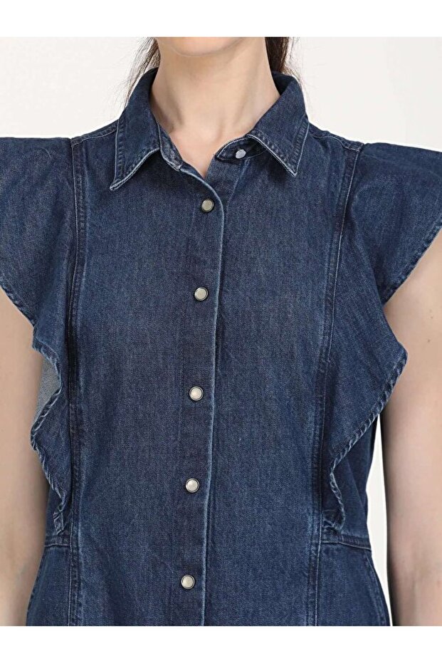Solid Blue Spread Collar Kadın Denim Elbise - 4