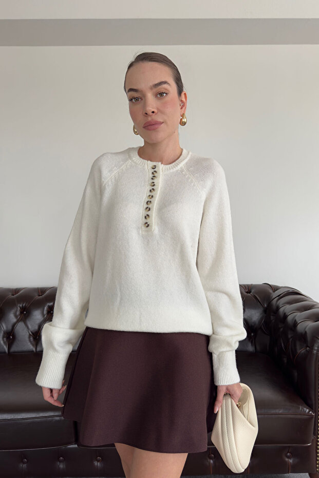 سترة تريكو بأزرار مزخرفة - EKRU - 1