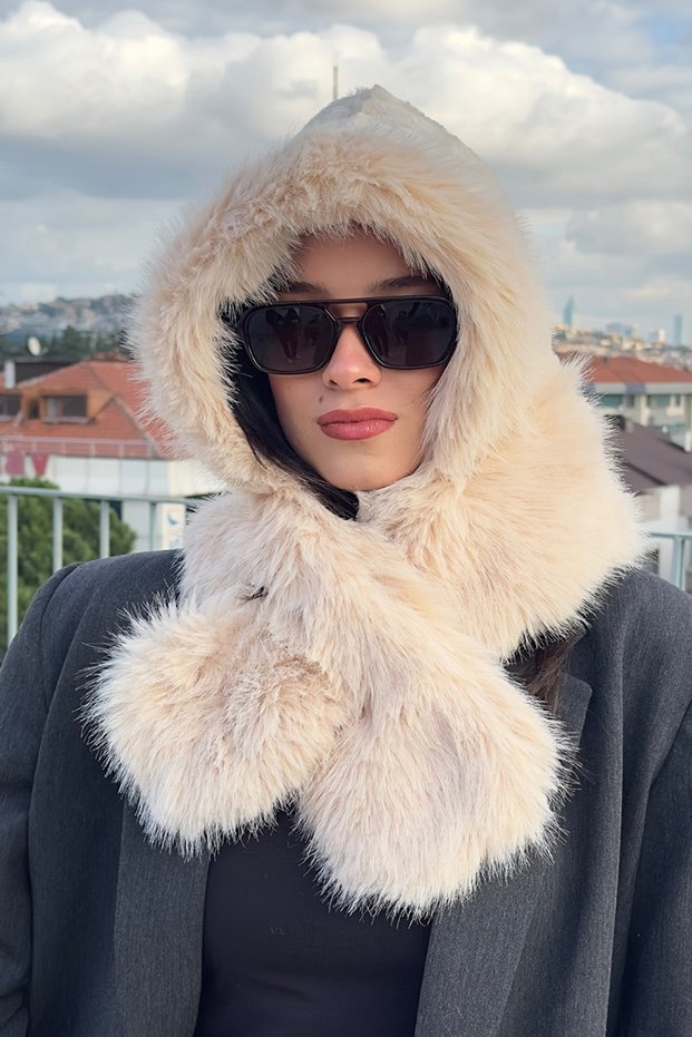 Women's Beige Faux Fur Scarf Hat | Winter Warm Soft Plush Model