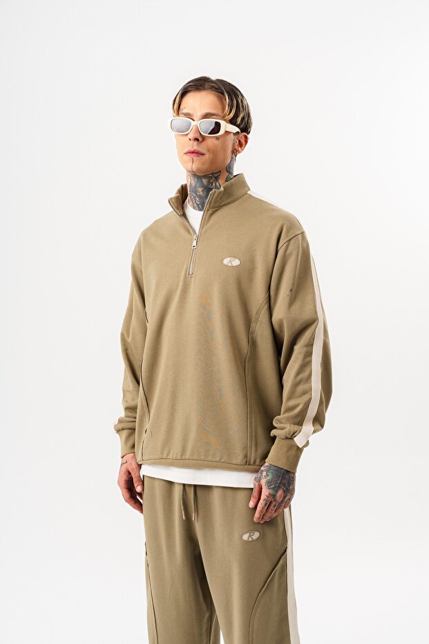 Men's Diagonel Sweatshirt with Dirty Stitch Detail and Half Zipper Khaki