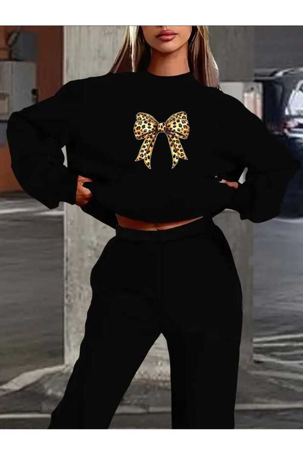 Leopard Ribbon Bottom Top Set Fashion Print Design Trend Crew Neck Sweatshirt