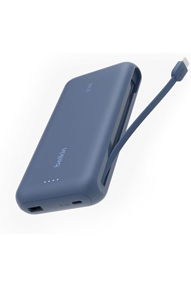 20,000mAh Portable Power Bank with Integrated USB-C Cable, 30W - Blue