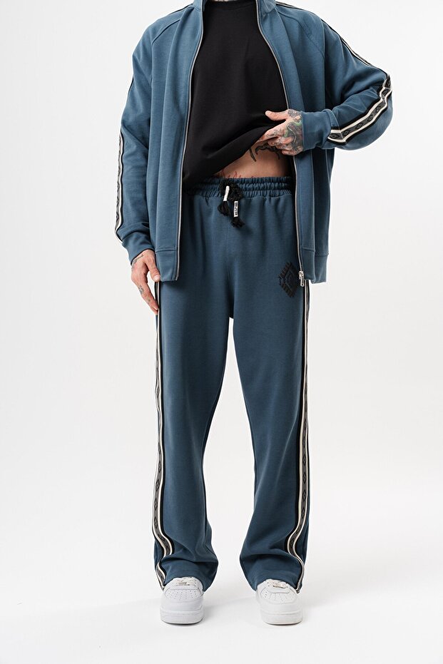 Men's Striped Detail Doubleface Baggy Sweatpants Petrol