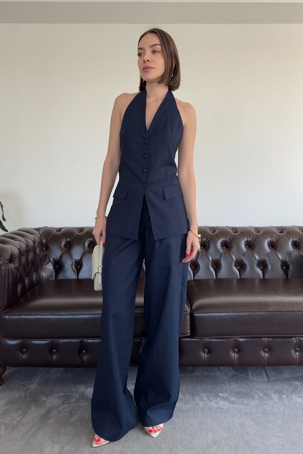 Special Design Vest Linen Suit - Dark Blue