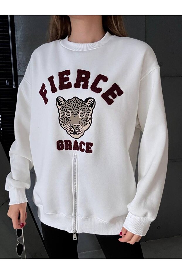 Fermuarlı Leopar Baskılı Oversize Siyah Sweat - 3