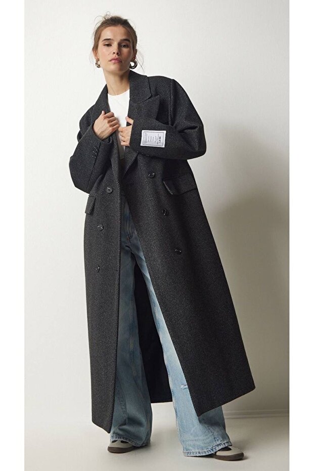 Oversize Loose Fit Fish Scale Black Arma Kaşe Coat