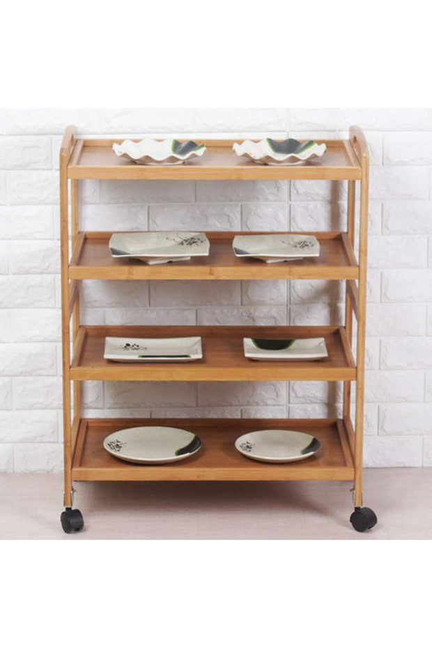 Bamboo Kitchen Serving Trolley - 4-Tier Rolling Cart Storage Rack