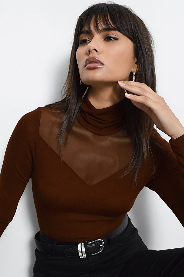 Women's Brown Turtleneck Blouse with Tulle Detail on the Front