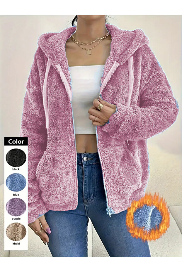 Plush Long Sleeve Hooded Cardigan with Kangaroo Pocket Oversized Winter