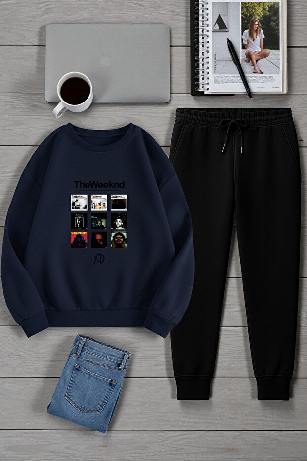 Unisex the Weekend Design Printed Crew Neck Sweatshirt - 2-Piece Tracksuit Set