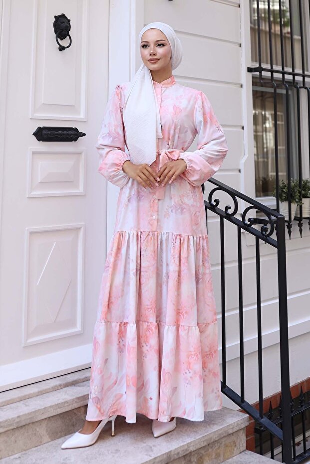 Women's Patterned Long Hijab Dress 1319 - Powder