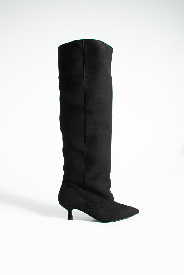 Odina Women's Foldable Short Heeled Boots Black Suede