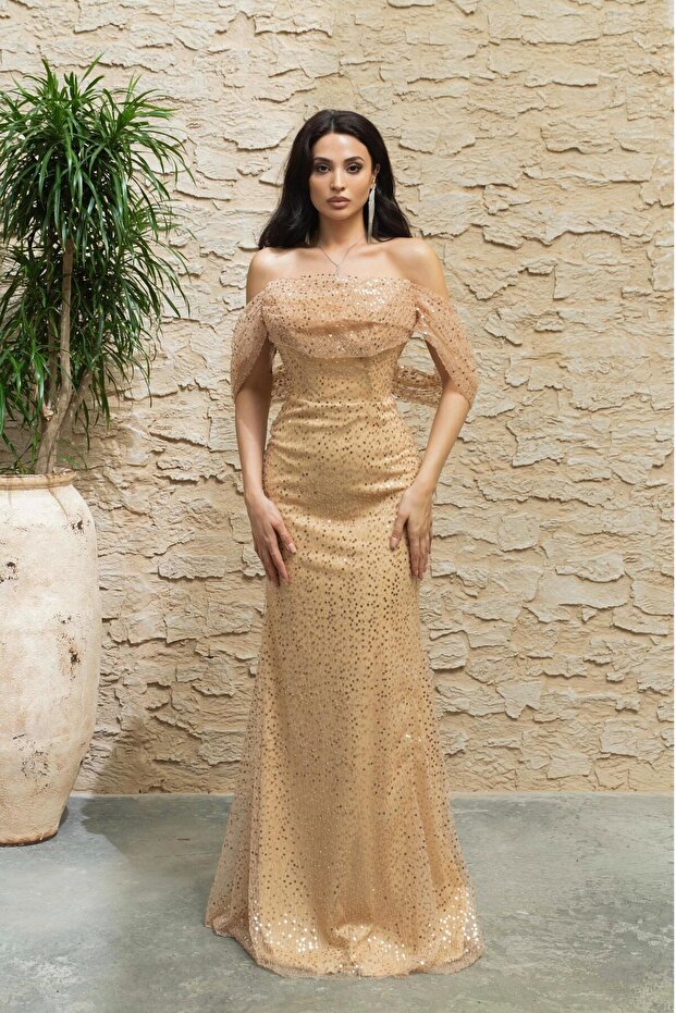 Gold Off Shoulder Sequin Strapless Evening Dress