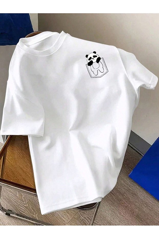 Unisex Panda Cep Printed Basic Crew Neck Regular T-Shirt 100% Cotton