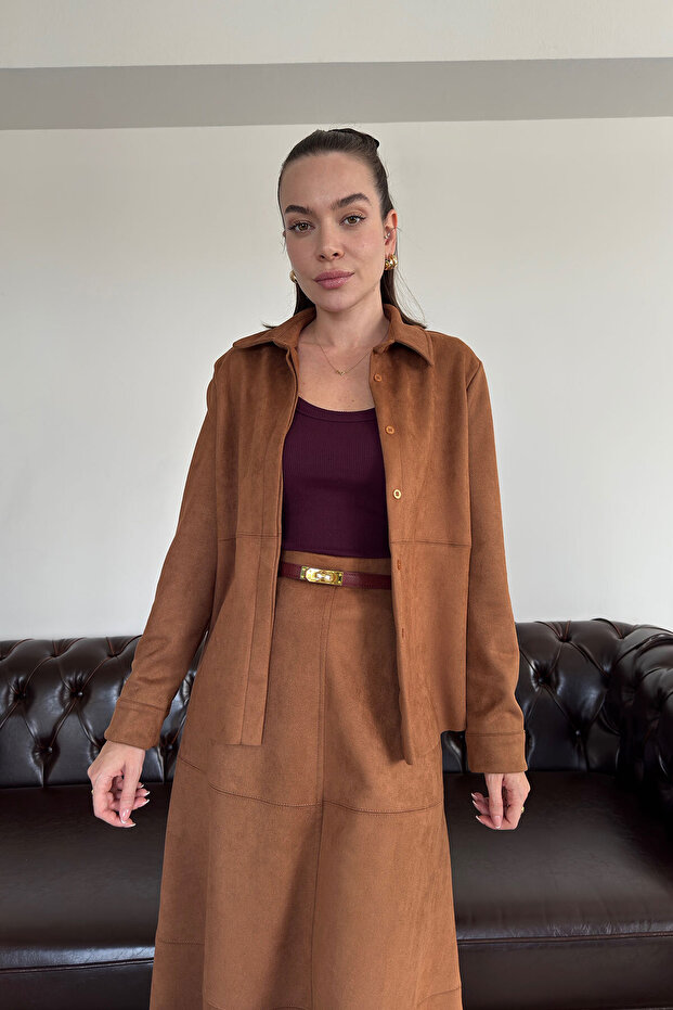 Suede Shirt with Zipper Sleeves - Taba