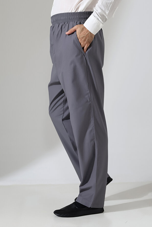 Men's Elastic Waist Pocket Hajj Umrah Linen Shalwar Pants - Anthracite (VŞN)
