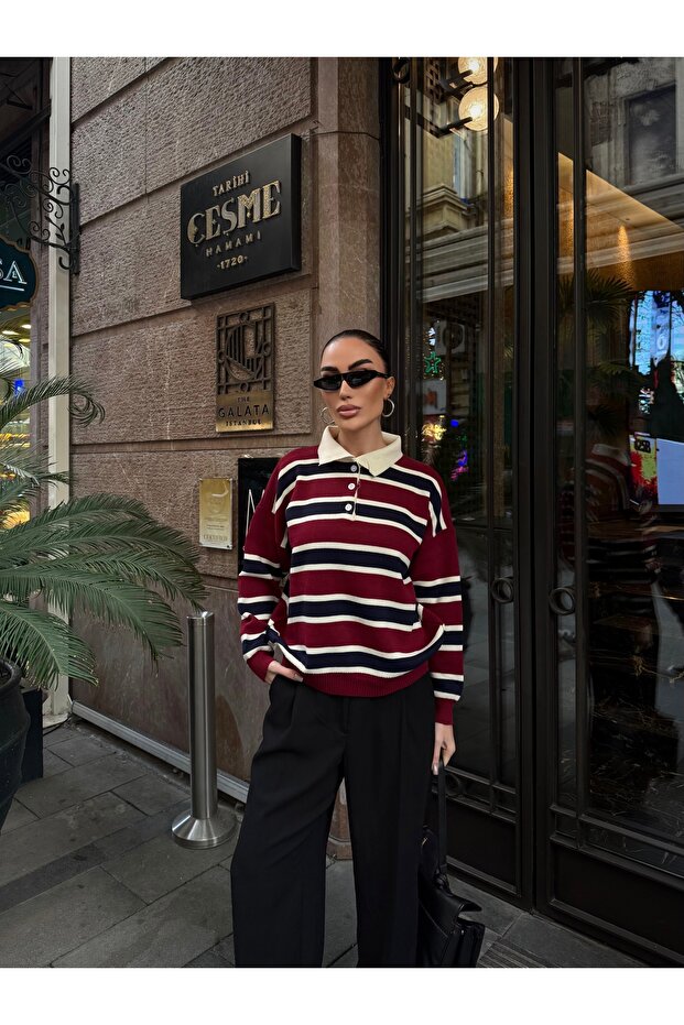 Women's Polo Neck Buttoned Striped Sweater