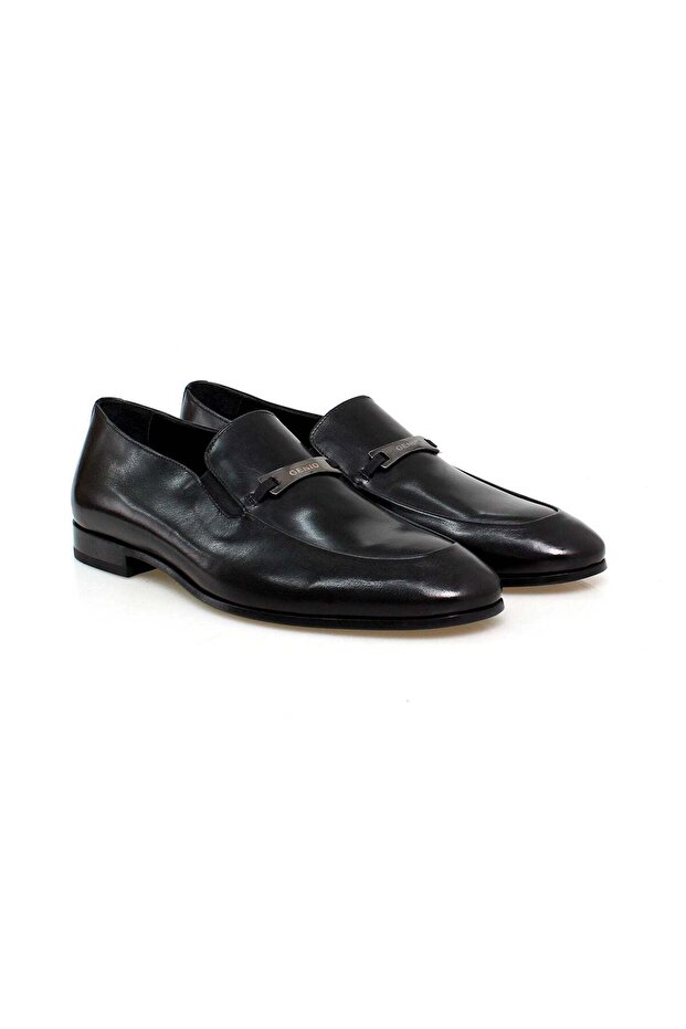 Black Color Laceless Genuine Leather Men's Shoes