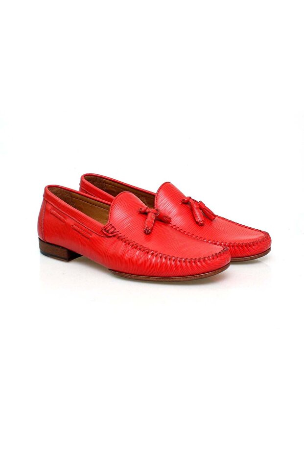 Red Color Laceless Genuine Leather Men's Shoes