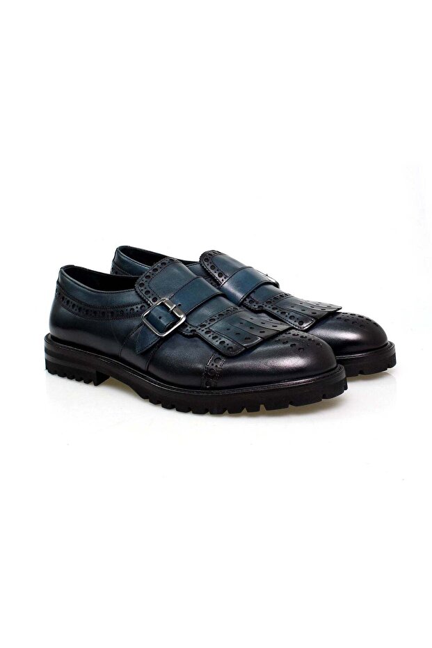 Dark Blue Color Laceless Genuine Leather Men's Shoes