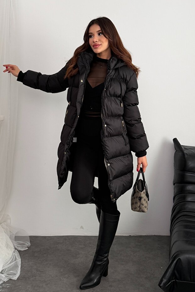 Women Black Long Hooded Puffer Coat – Oversized Winter Coat with Gold Buttons