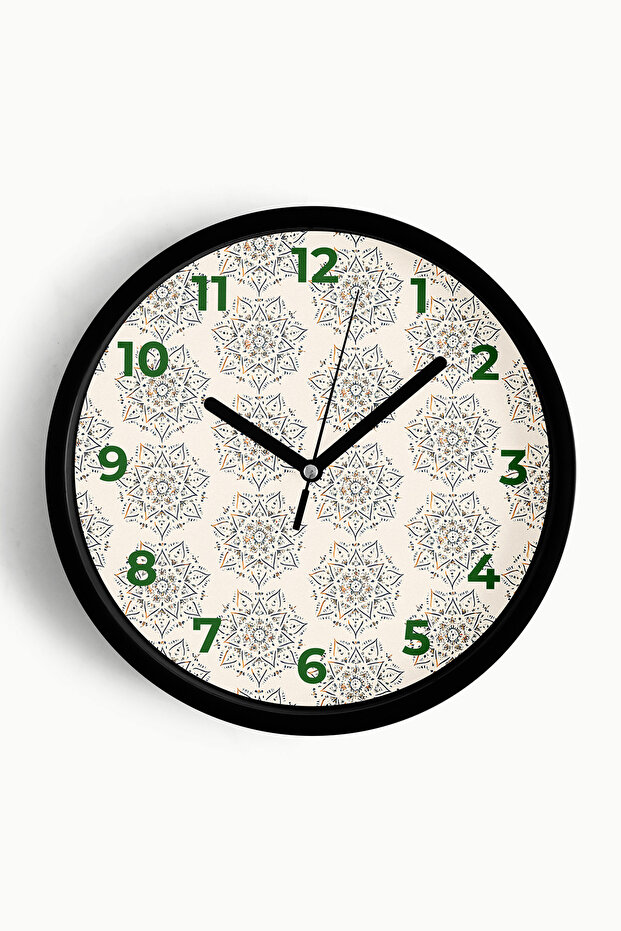 Mandala Style Flower Drawing Modern Wall Clock - 42cm - Black Case with Glass Front - Silent Mechanism