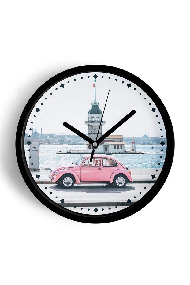 Ceas de perete modern cu Turnul Fetei și un Volkswagen Beetle roz – Dimensiune mare L 35 cm – Carcasă neagră – Cu geam, silențios – Iluminare LED inclusă în pachet