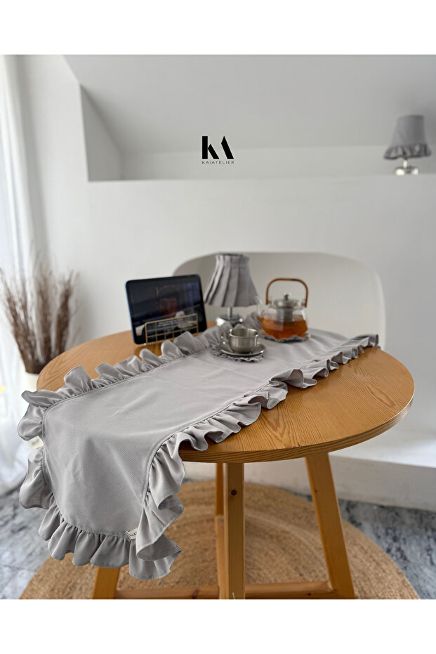 Moonlit Linen Rectangular Frilled Runner 40cm X 120cm