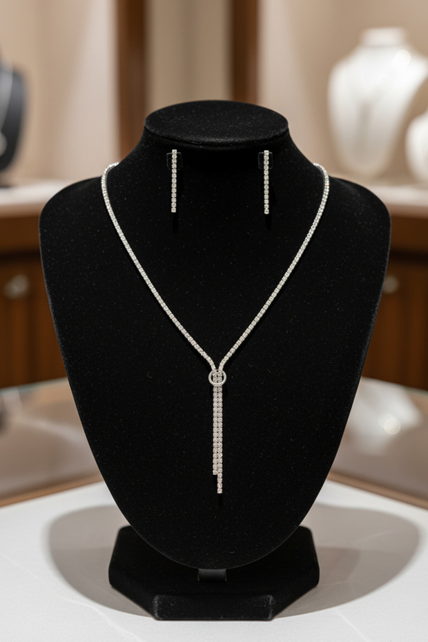 Waterway Crystal Glass Stone Elegant Evening Dress Necklace Earring Set – Minimal Sparkle Bijouterie Set Mrs6003