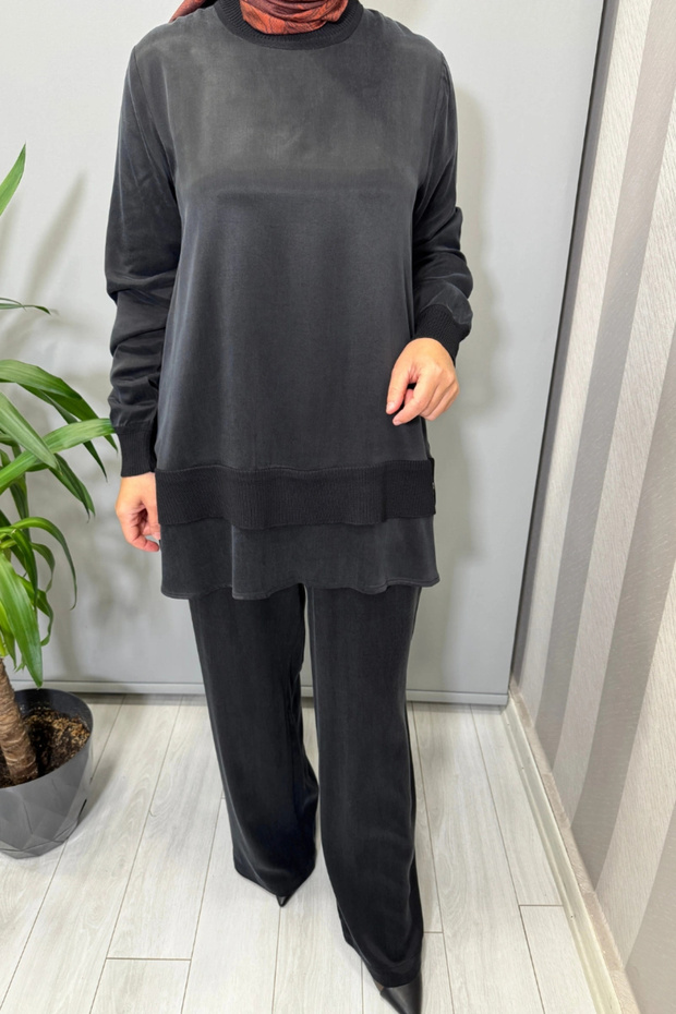 Knitwear Detailed Cupro Silk Tunic Black T26K-6019 - 4