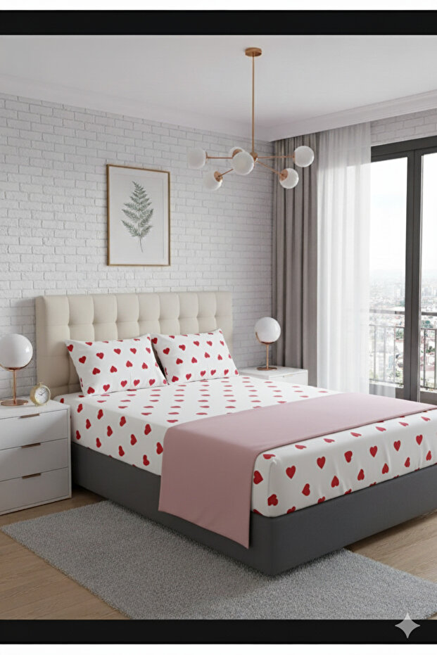 Heart Patterned King Size Elastic Double Bed Sheet Set (with 2 Pillowcases)