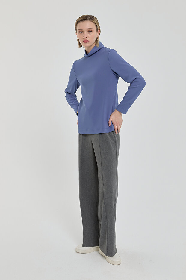 Dik Yaka Basic Örme Bluz İndigo - 3