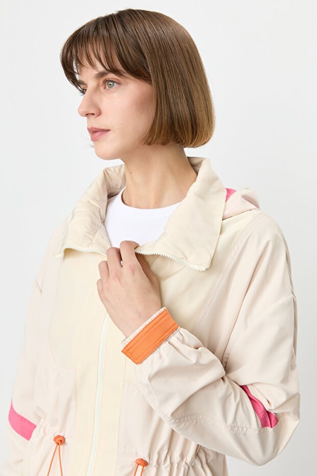 Drawstring Hooded Raincoat Beige - 4