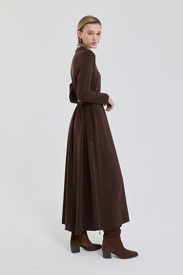 Kemerli Çelik Örme Elbise Kahve - 4