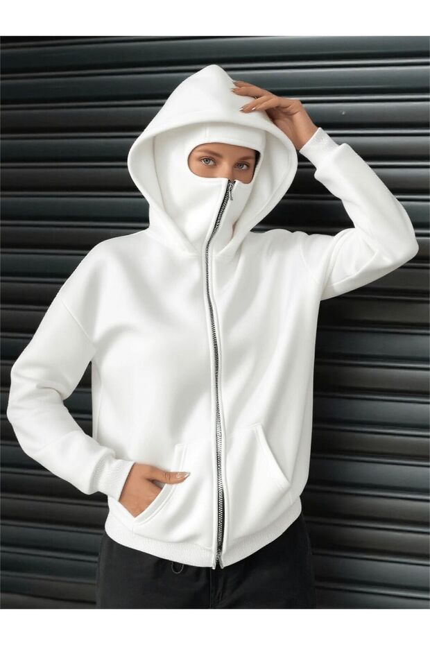Women's Inside Zipper Masked K Hooded Biker Jacket Sweatshirt Hoodie