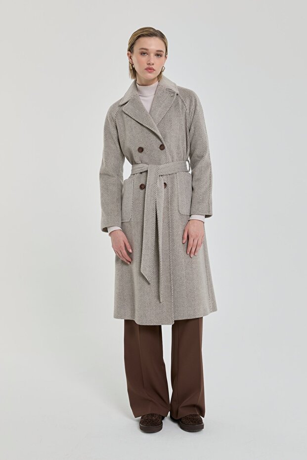 Belted Double-Breasted Herringbone Coat Brown
