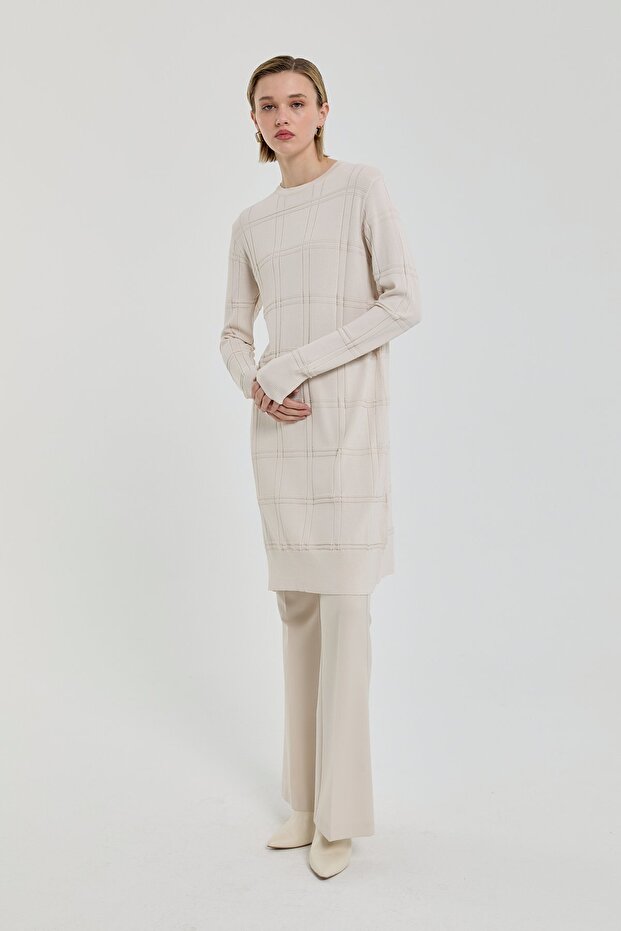 Self-Patterned Rayon Knitwear Tunic Beige - 1