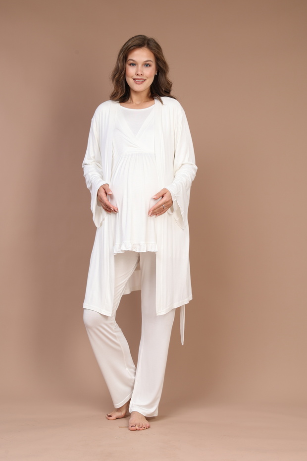 Women's Ecru Spanish Sleeve K Double-Breasted Collar Winter Special Design Maternity Maternity Dressing Gown Pajama Set Set