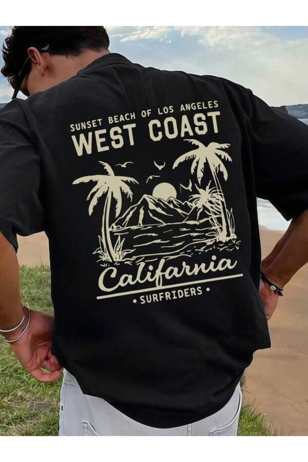تي شيرت مطبوع عليه West Coast California للجنسين (موديلات كبيرة الحجم)