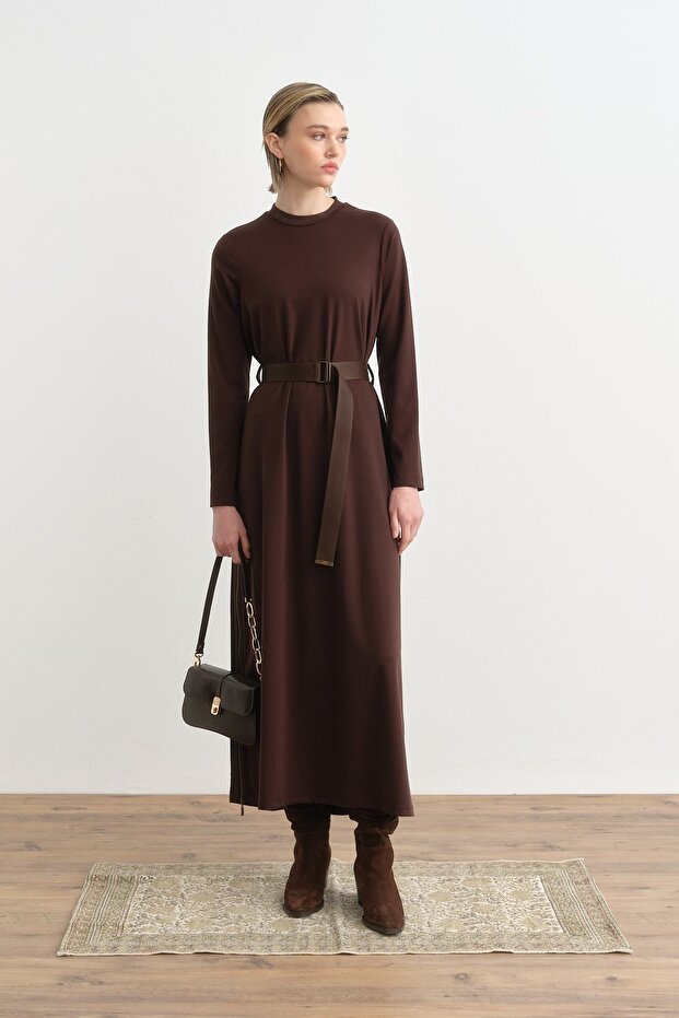 Kemerli Çelik Örme Elbise Kahve - 1