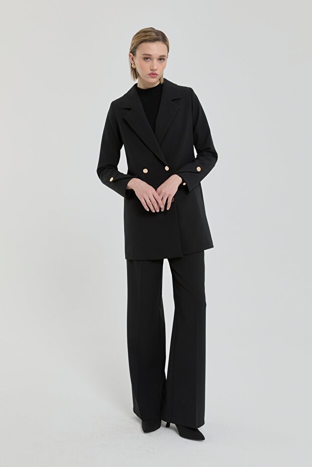 Gold Düğmeli Kruvaze Blazer Basic Ceket Siyah - 3