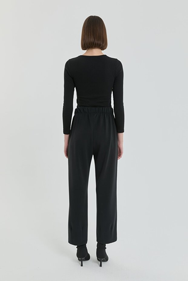 Paça Detaylı Beli Lastikli Örme Basic Pantolon Siyah - 4