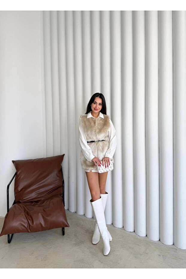 Kemerli Astarlı Kürk Yelek Ekru - 2