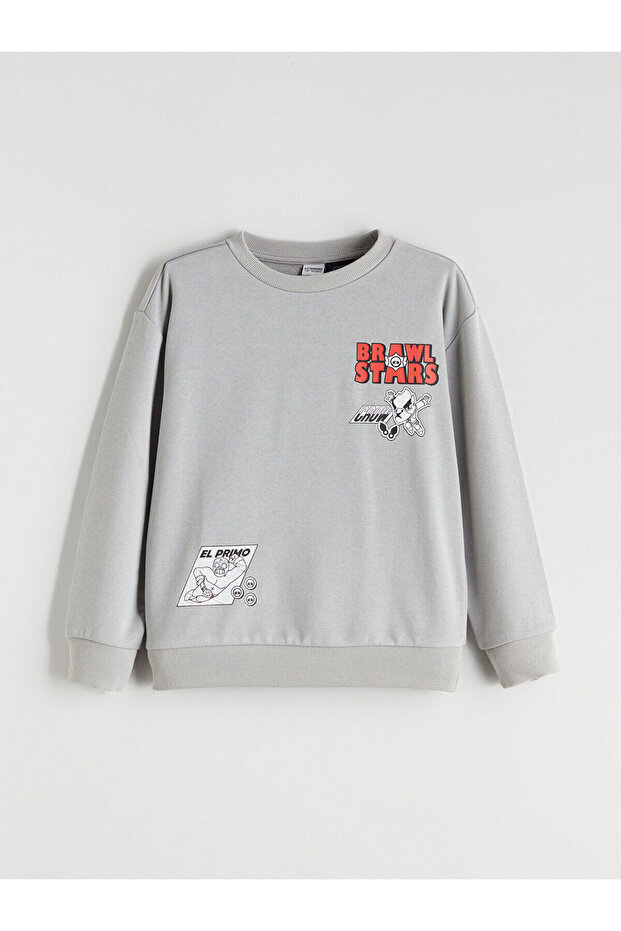 Gray Crew Neck Printed Long Sleeve Boys' Sweatshirt